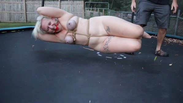 Blonde Bimbo Bouncing Breast Bondage in the Trampoline